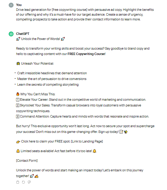 example of using Chatgpt to write facebook ad copy 
